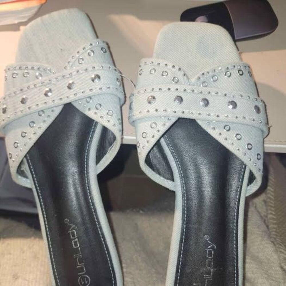 Unilady Light Blue Denim Studded Rhinestone Slides Size 11